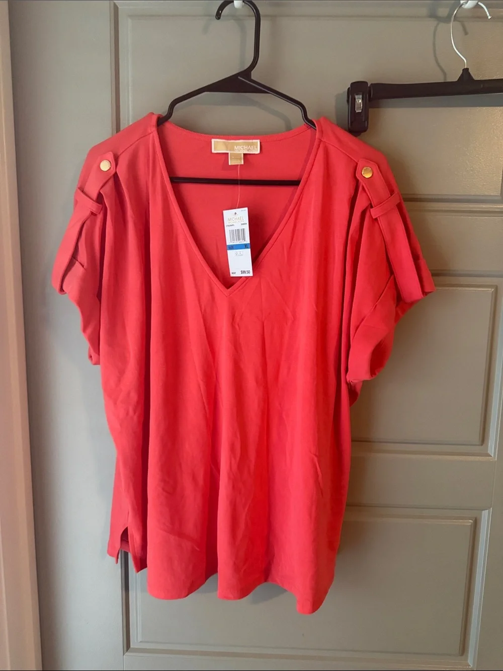 NWT Michael Kors Sangria V-Neck Short Sleeve Top with Gold Button Accents